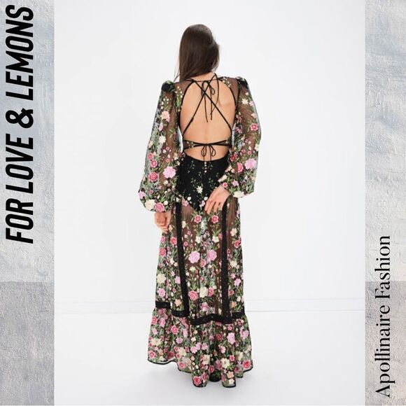 FOR LOVE AND LEMONS LUNA MAXI DRESS IN BLACK COMBO NWT XS FLORAL SHEER EMBROIDER - Picture 6 of 10